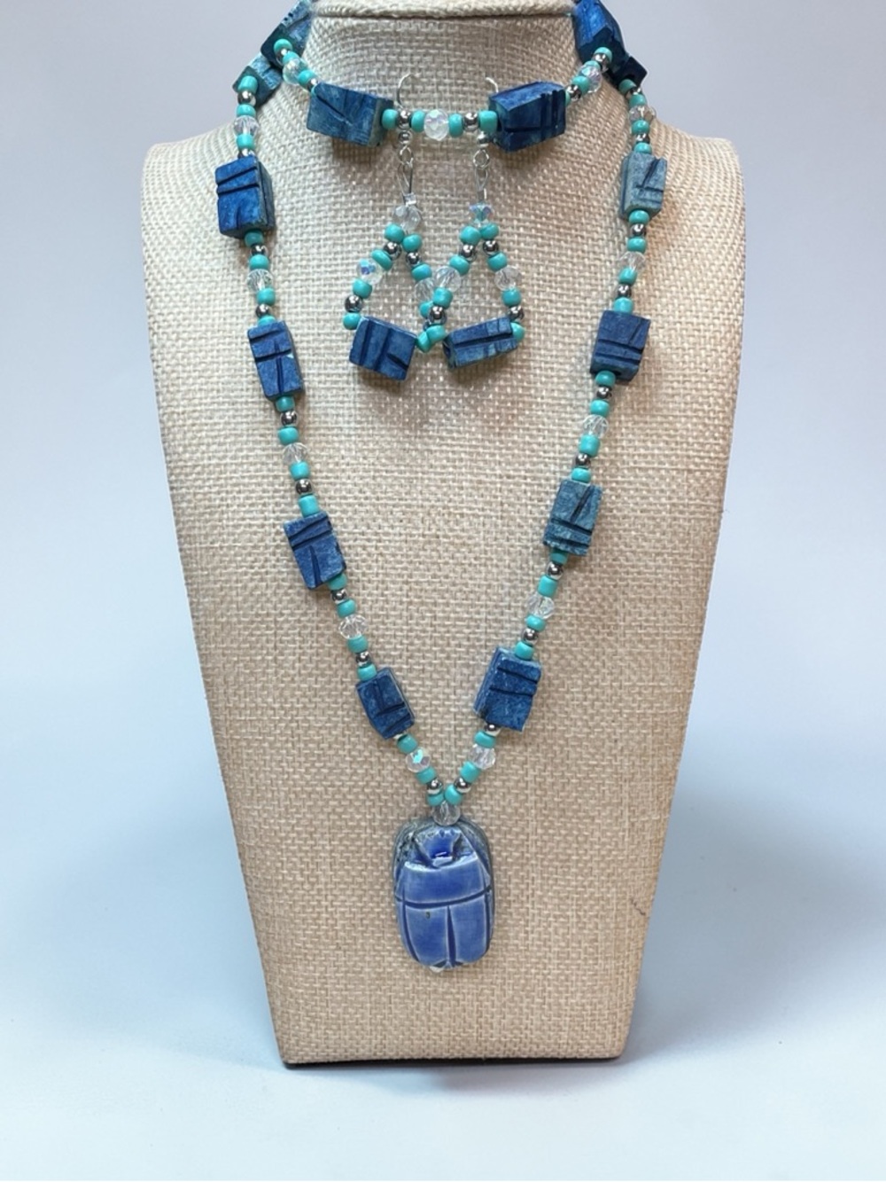 Handmade Egyptian Revival Style Scarab Necklace Set - Picture 1 of 2